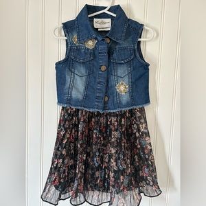Rare Editions, 2T floral print pleated dress with denim vest!